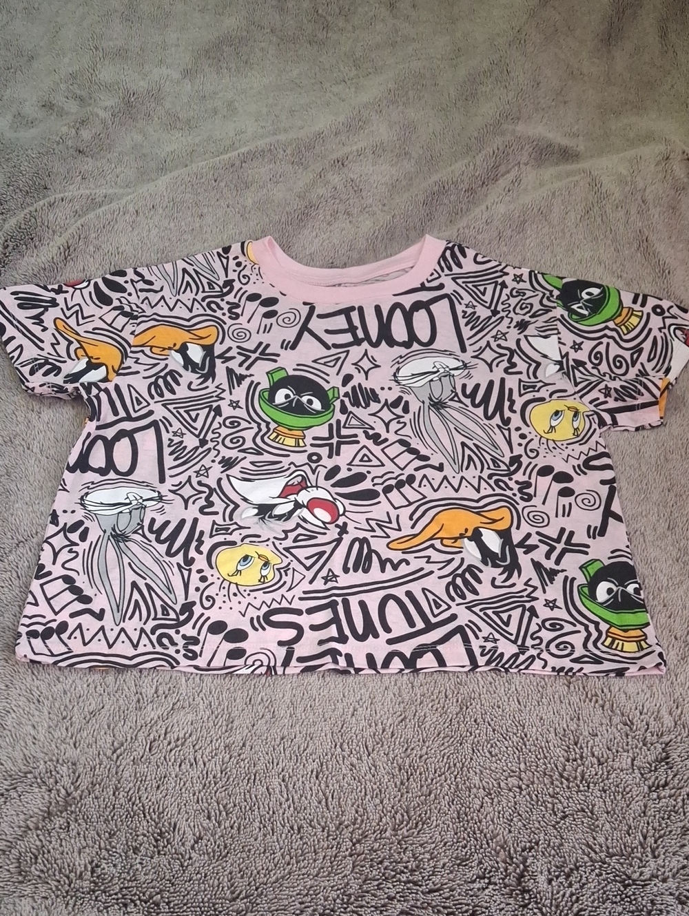 Warner Bros. Light Pink Crop Top w/ Cartoon Faces